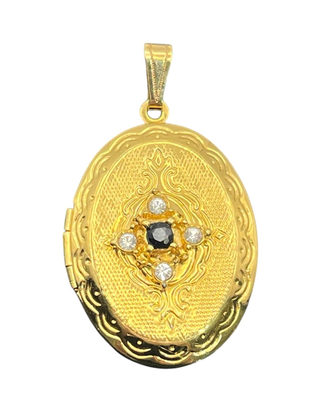 Photo locket oval engraved design gold tone pendant for necklace rhinestones